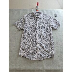 Rvca Shirt Men Small White Blue Floral Slim Fit Shirttail Hem Back Box Button Up